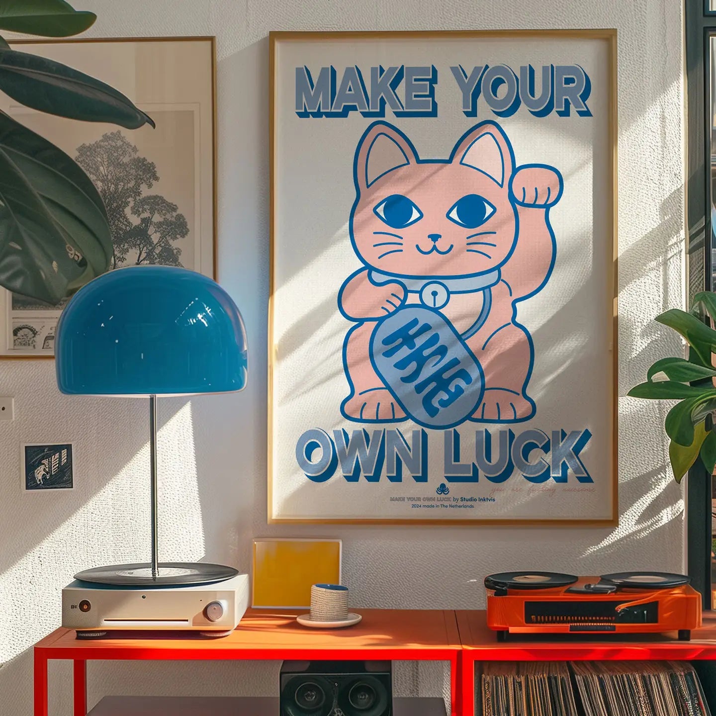 Riso A3 Lucky Cat print in Blue-Top 30 Art-Little Fish Co.