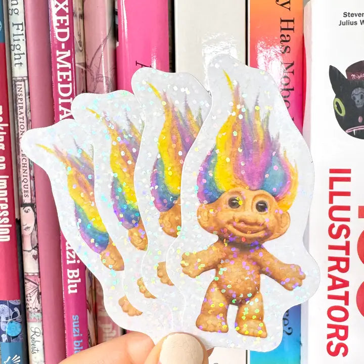 90s Toy Nostalgia - Rainbow Troll Doll Vinyl Glitter sticker-New Arrivals 2025-Little Fish Co.