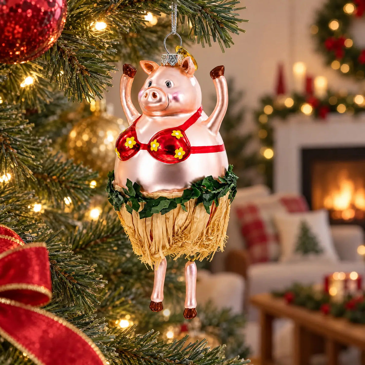 Dancing Pig glass ornament handcrafted
