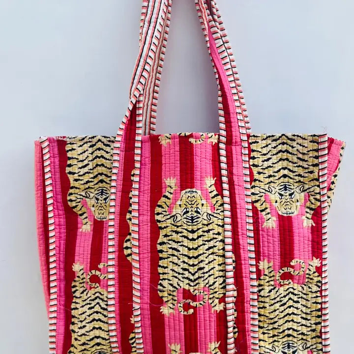 Indian Handmade Quilted Tote Shoulder Bag Pink-New Arrivals 2025-Little Fish Co.