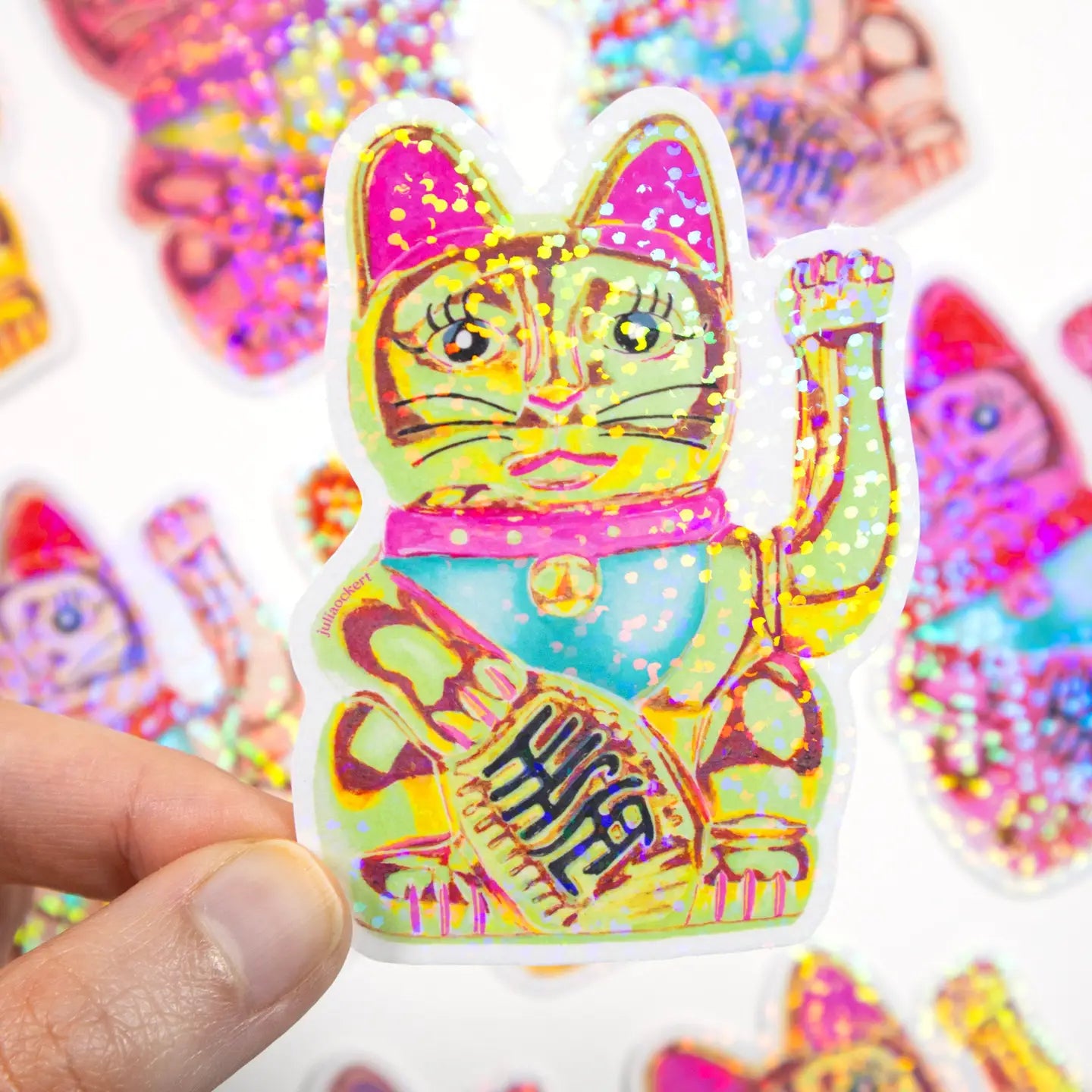 Maneki-Neko Glitter Sticker (Green)-Top 30 Stationary-Little Fish Co.