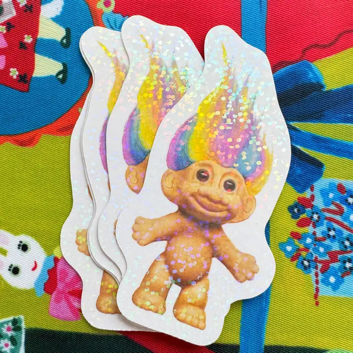 90s Toy Nostalgia - Rainbow Troll Doll Vinyl Glitter sticker-New Arrivals 2025-Little Fish Co.