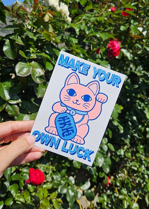 Postcard Riso Print Lucky Cat Maneki Neko: Make Your Own Luck-New Arrivals 2025-Little Fish Co.