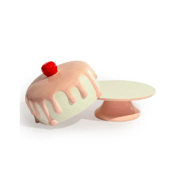 Pink and white ceramic iced cake stand