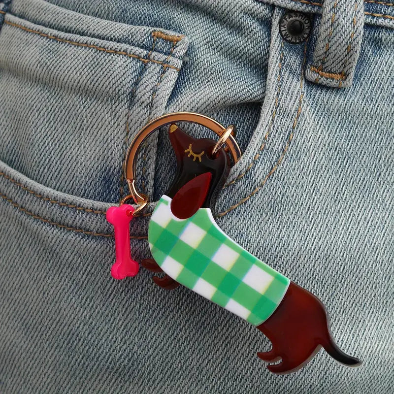 Acrylic dachshund Keyring - green jumper-Fun-Little Fish Co.