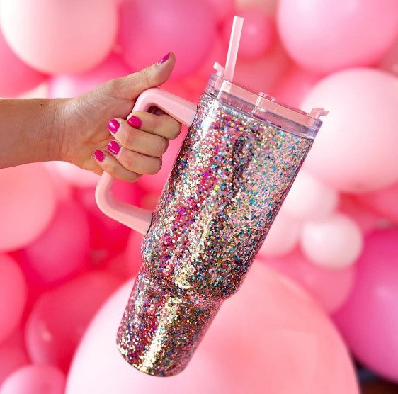 glitter party stainless steel insulated oversized sipper tumbler with straw-Little Fish Co.