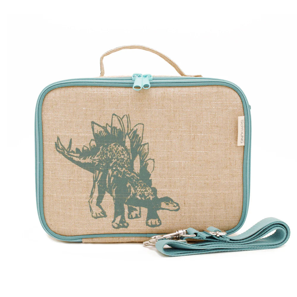 Raw Linen Insulated Lunch Box - Green Stegosaurus-Little Fish Co.