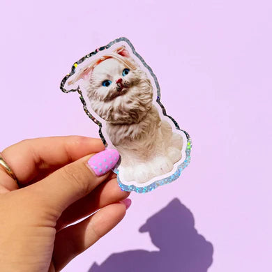 Vintage Kitsch white cat glitter sticker-Little Fish Co.