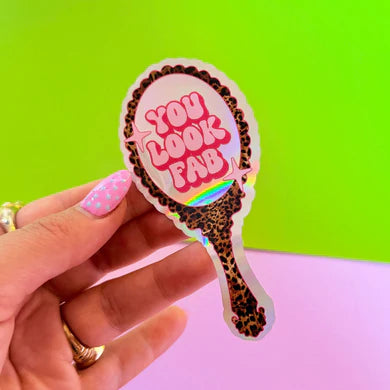 Leopard print hand held mirror Holographic Sticker-Little Fish Co.