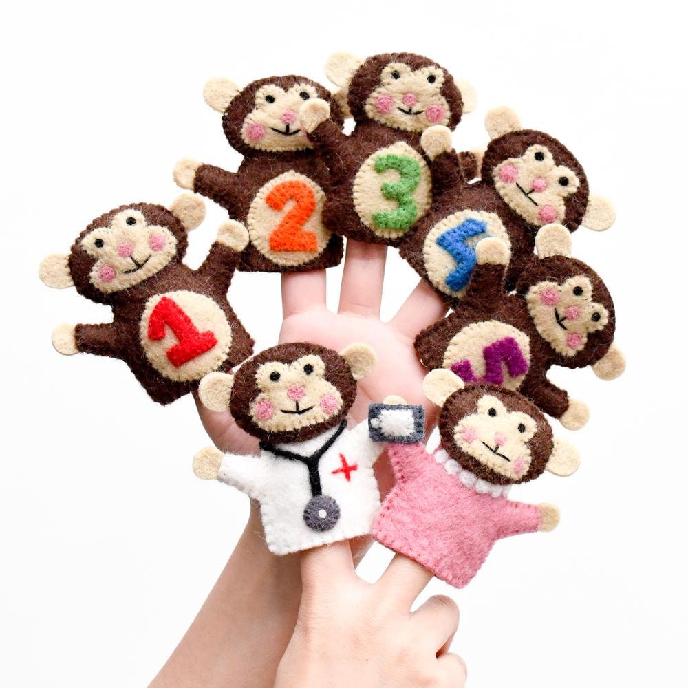 5 Little Monkey's Jumping on the bed. Rhyme. Nursery Rhyme Puppets. Animal Finger puppets. Felt Animal Puppets. Monkey Puppets, Felt puppet-Little Fish Co.