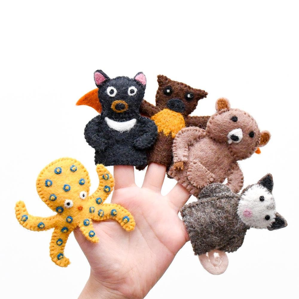 Set E Australian Animal Finger puppets. Felt Animal Puppets. Australian Animal Felt toys. Kids Felt Toys. Australian Animal Toy, Wool Puppet-Little Fish Co.