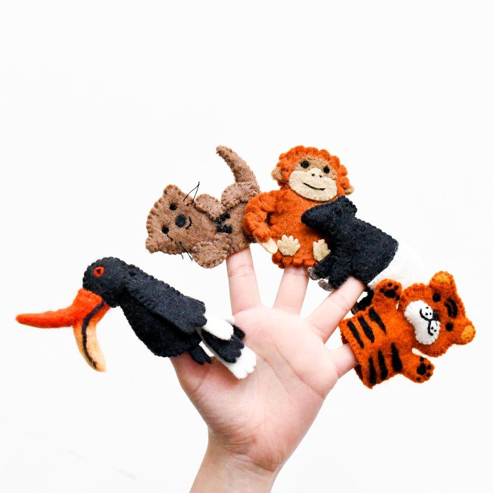 Asian Animal puppets. Felt Puppets. Borneo Animals Felt toys. Kids Felt Toys. Animal felt puppets Toy, Wool puppet-Little Fish Co.