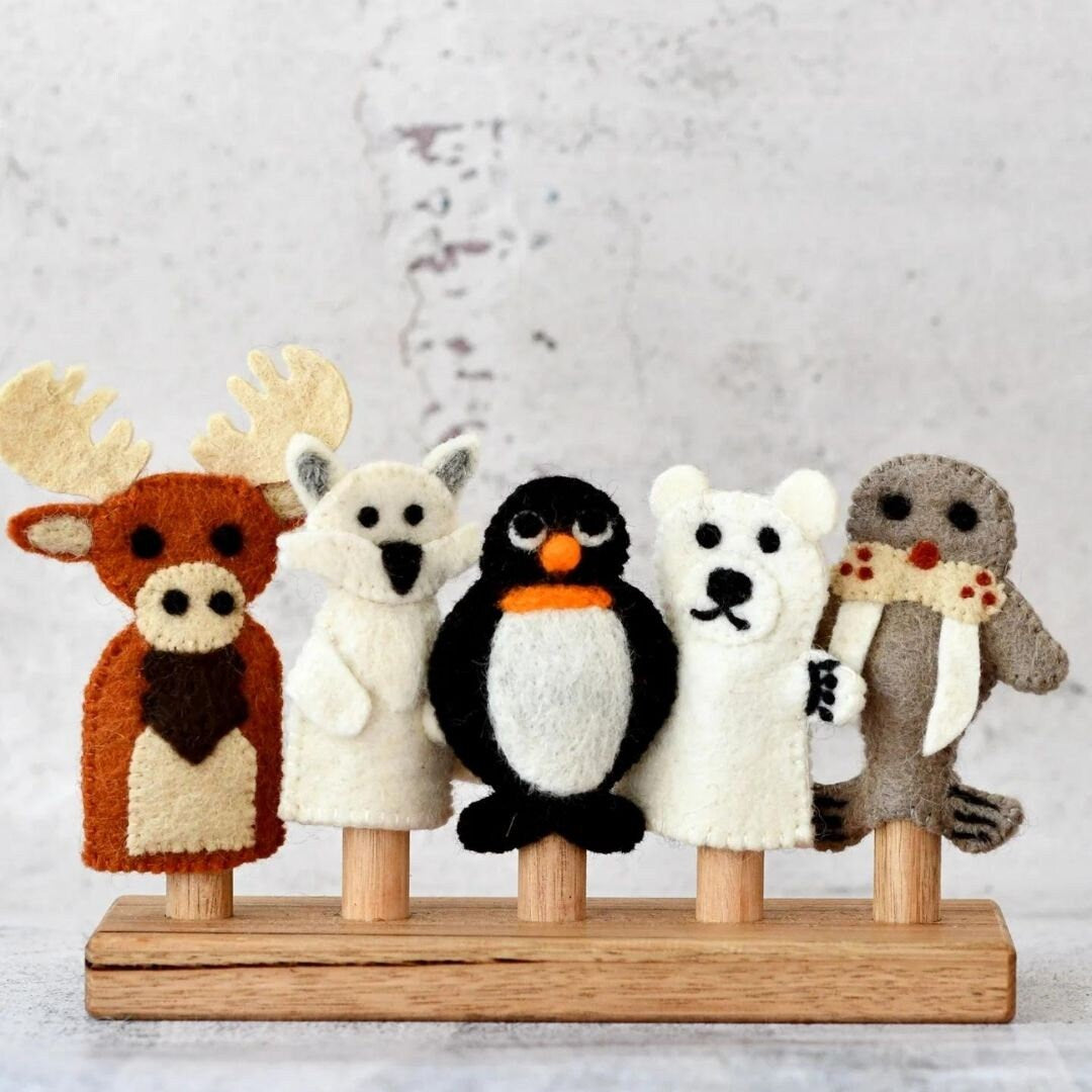 Polar animals Finger puppets. Felt Animal Puppets. Polar artic Animal Felt toys. Kids Felt Toys. Polar bear, Animal Toy, Wool Puppet-Little Fish Co.