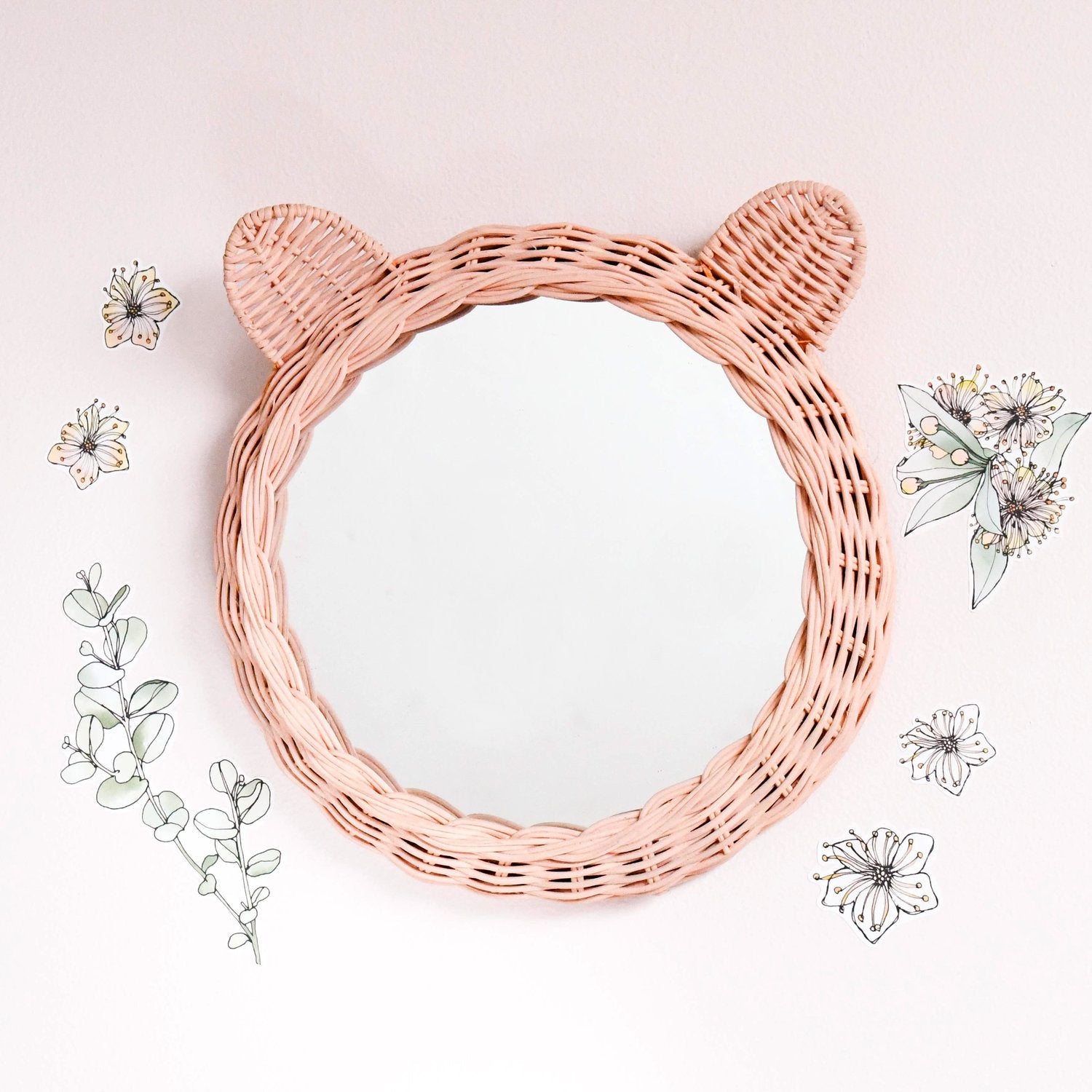 Rattan Bear Mirror - Pink-Decor-Little Fish Co.